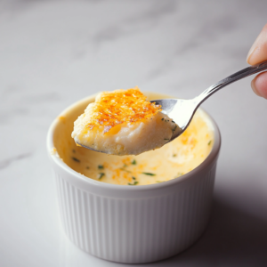 inished savory crab brulee with a golden, crispy brûlée topping, served as a seafood appetizer.