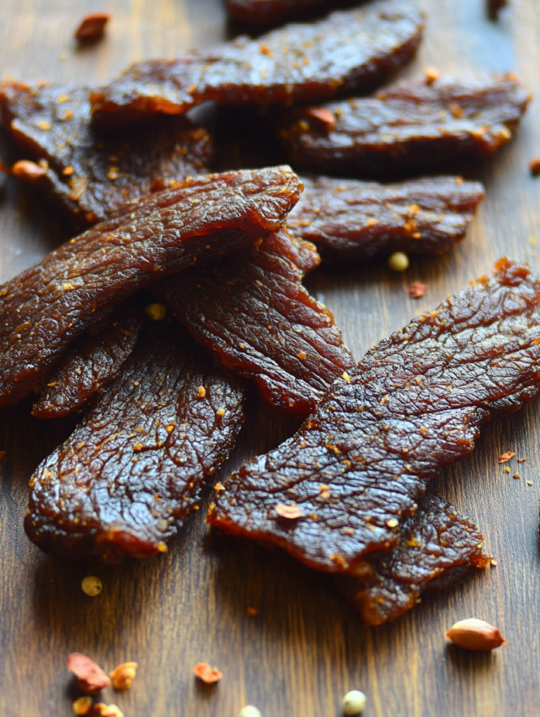 Homemade beef jerky strips with a savory glaze, dried to perfection for a healthy snack