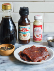 Jerky ingredients including Worcestershire sauce, soy sauce, and pepper