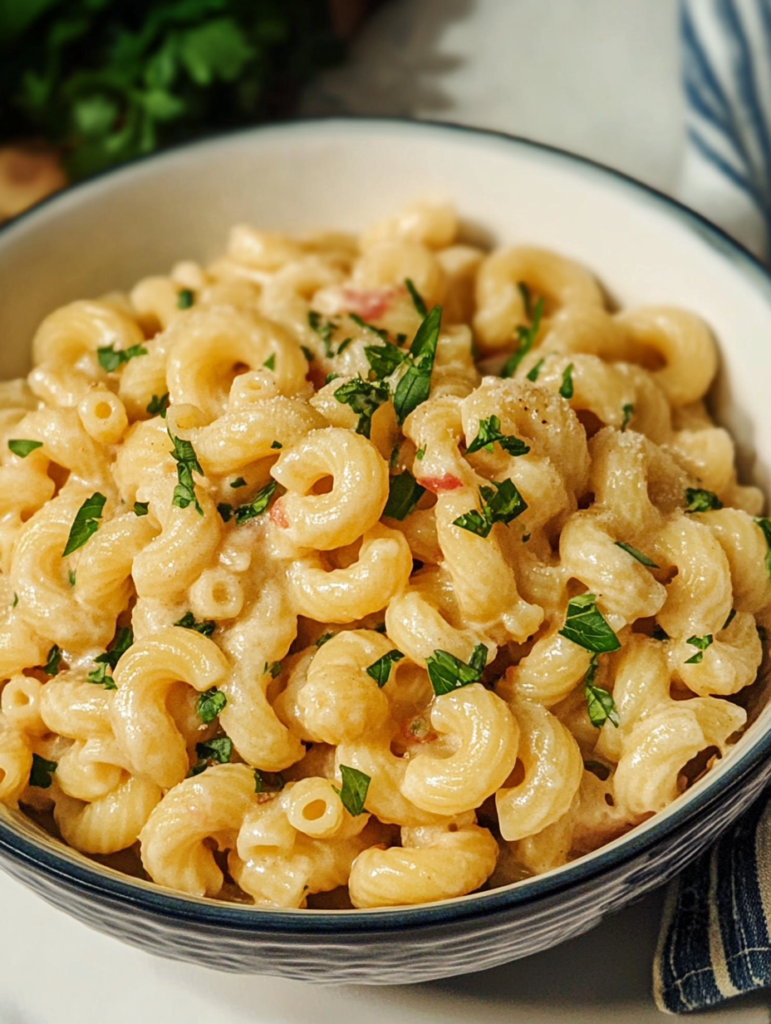 A bowl of creamy Cavatappi pasta with a rich sauce, garnished with herbs and served for dinner.