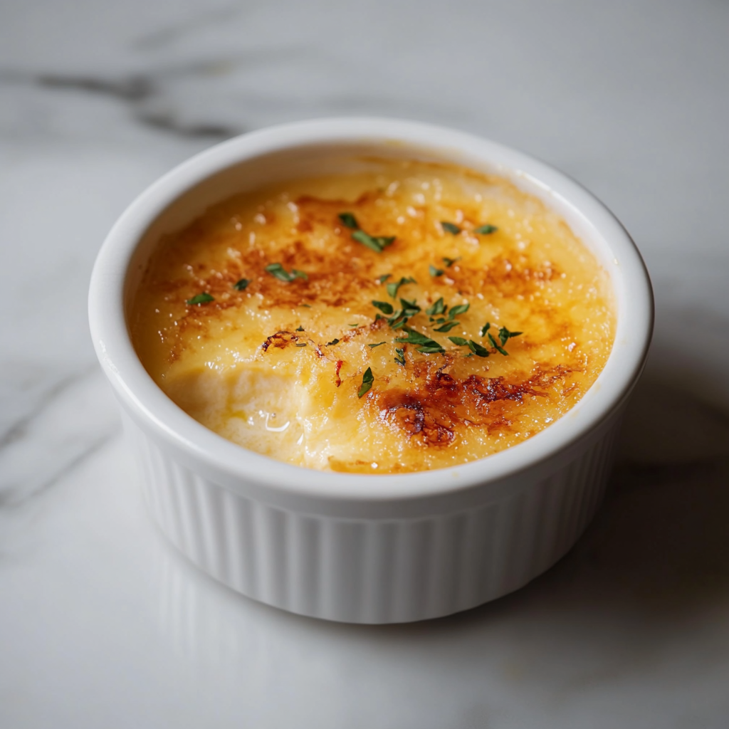 Savory crab brulee recipe with a creamy crab mixture and crispy brûlée crust, served as an elegant appetizer.