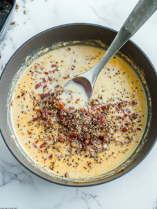 Rich and creamy sauce being prepared for Cavatappi pasta, made with garlic, cream, and Parmesan cheese.