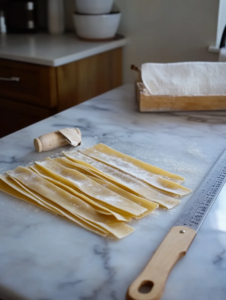 Cutting homemade pappardelle on marble countertop using ruler as a guide