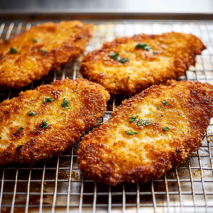 Freshly baked crispy chicken cutlets just out of the oven, golden brown and ready to serve.