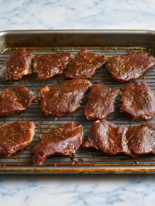 marinated beef on wire rack