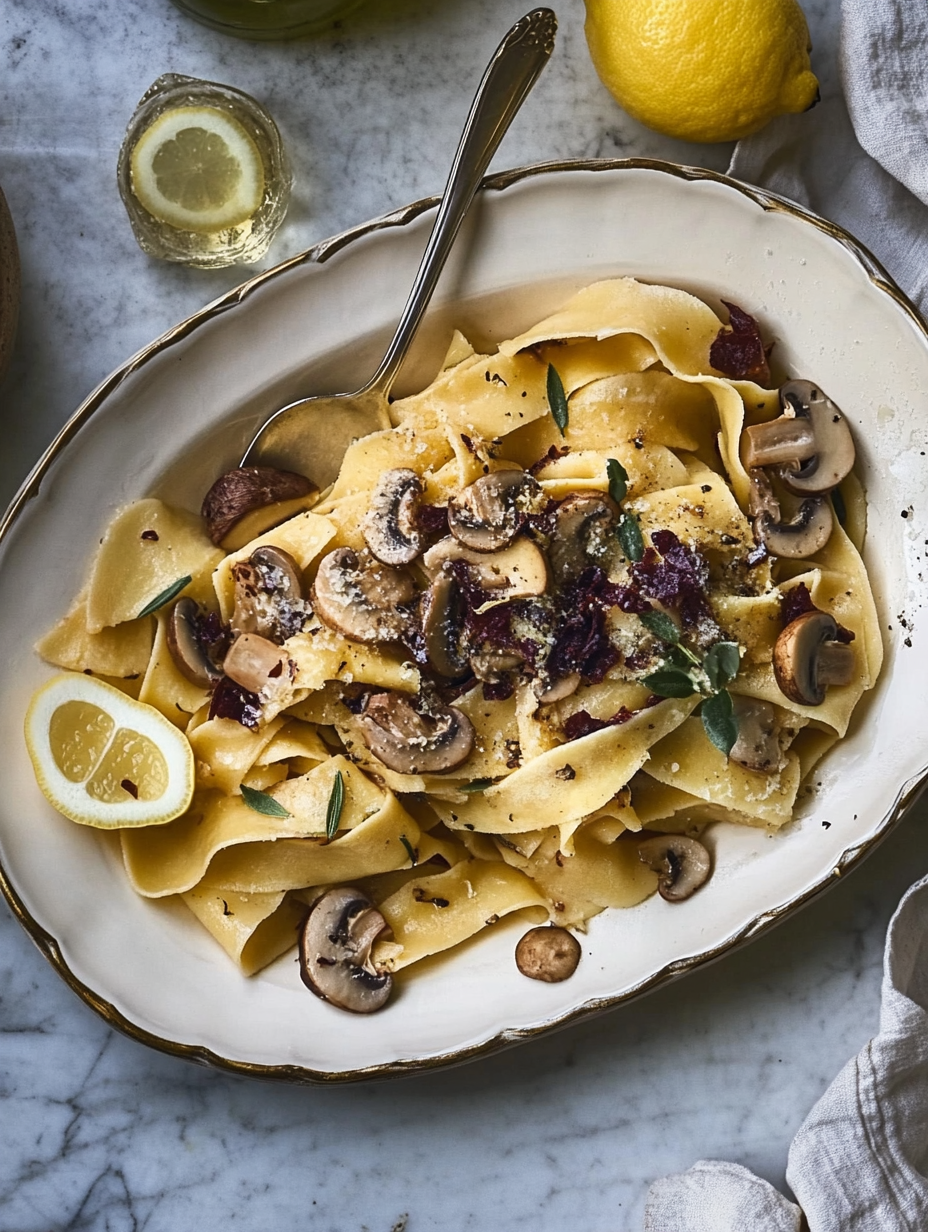 Freshly made homemade pappardelle pasta on a floured surface with ingredients.