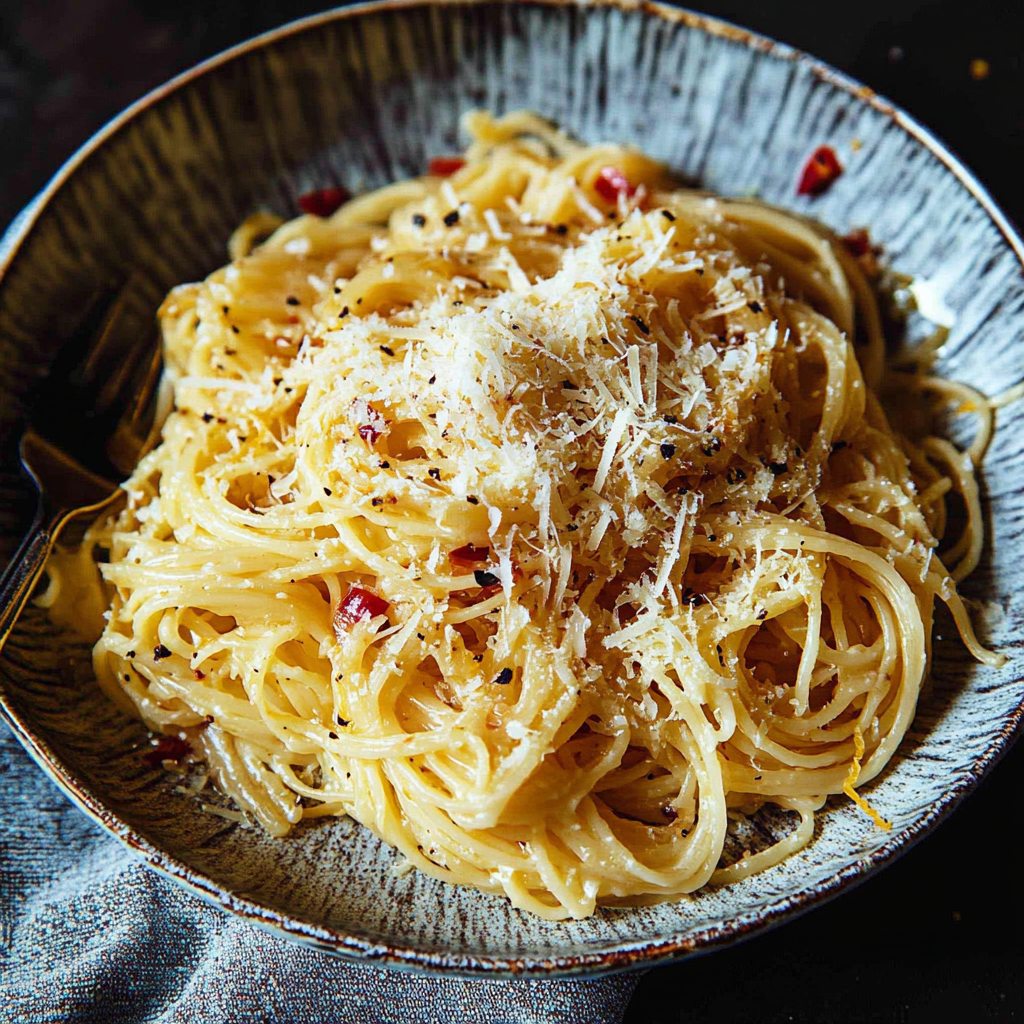 A bowl of capellini pasta with garlic, lemon, and Parmesan cheese, garnished with fresh parsley.