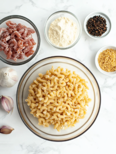 Ingredients for Cavatappi pasta including uncooked Cavatappi, garlic, cream, Parmesan cheese, and fresh herbs.