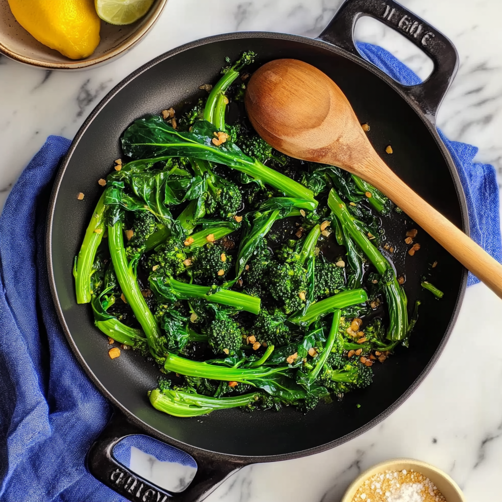 A bowl of sautéed rapini broccoli with garlic and lemon, garnished with fresh lemon slices.