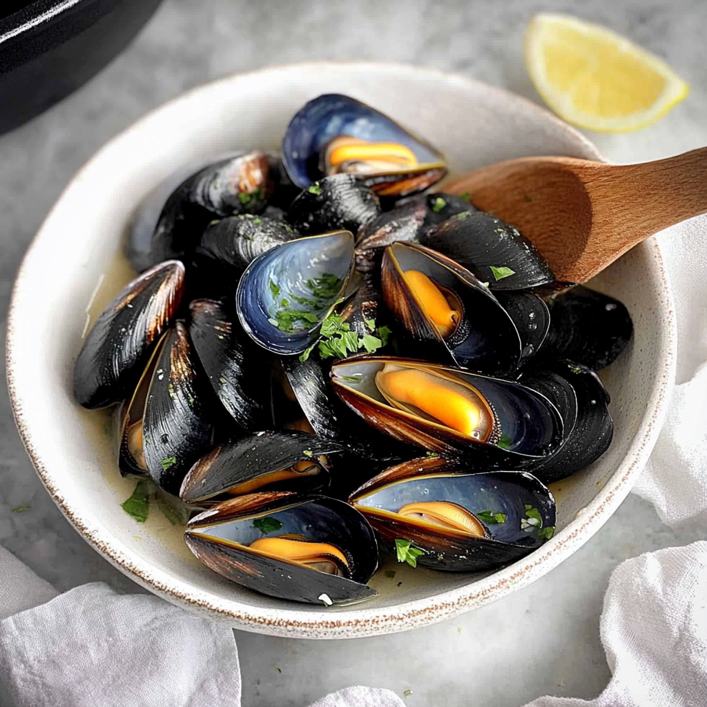 Easy black mussels recipe served in a bowl with fresh herbs