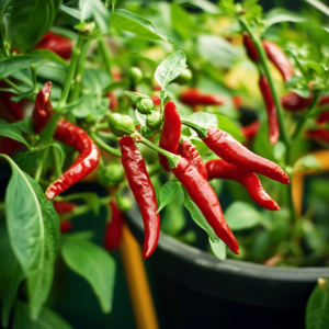 Calabrian chili peppers growing in the field under natural sunlight.