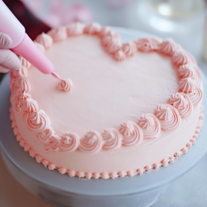 Decorating vintage heart cake with sprinkles and piping details