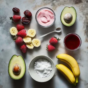 Fresh ingredients for Hailey Bieber's smoothie recipe, including strawberries, almond milk, and collagen powder, neatly arranged on a countertop.