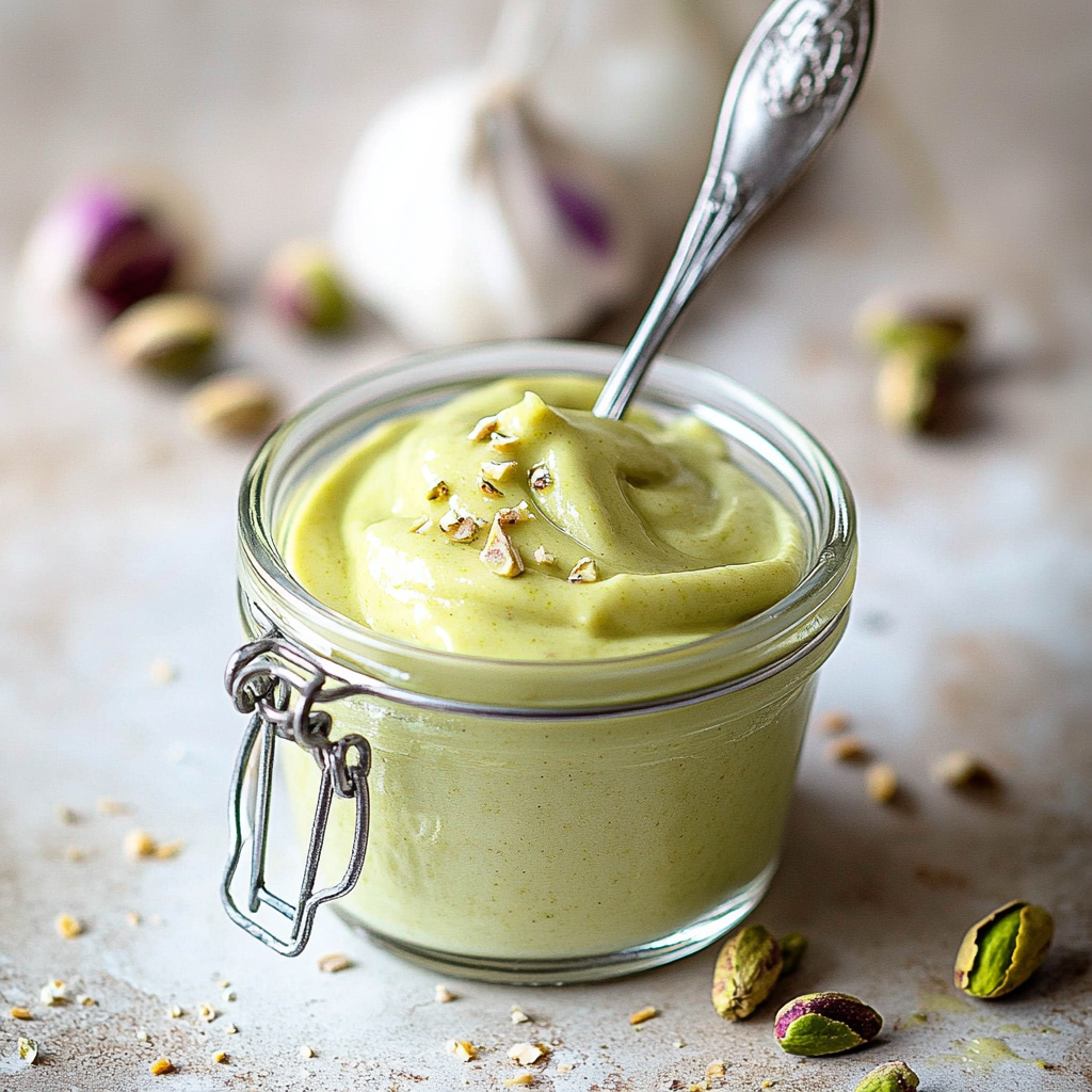 Homemade pistachio cream stored in a jar for spreading or drizzling