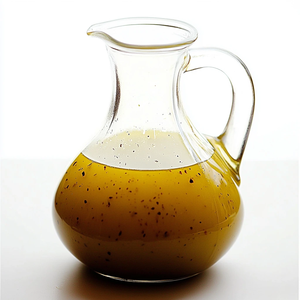 A glass bowl of white balsamic vinaigrette with a whisk and fresh vegetables on the side.