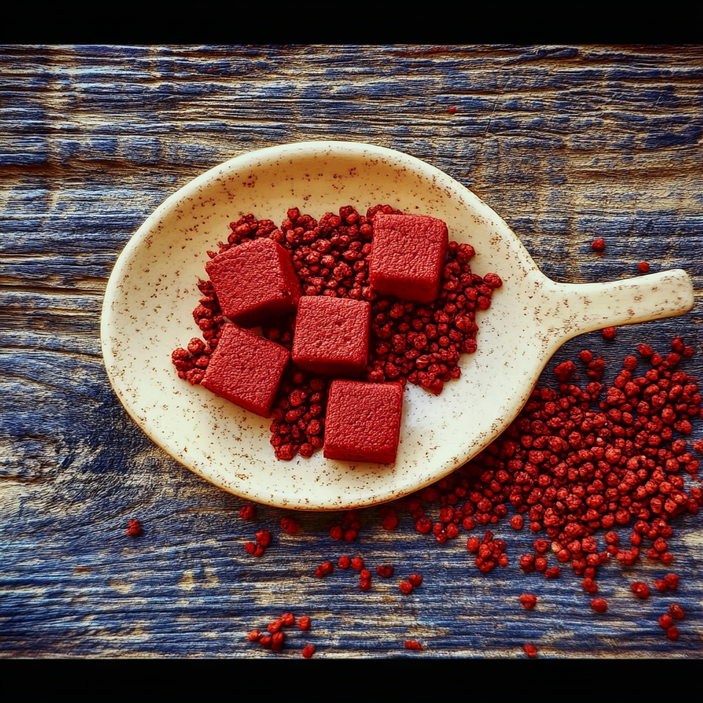 Achiote seeds and powder in a wooden bowl, with vibrant orange-red hues