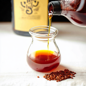 Achiote oil simmering in a pan, showing vibrant red-orange hues, perfect for adding flavor and color to dishes.