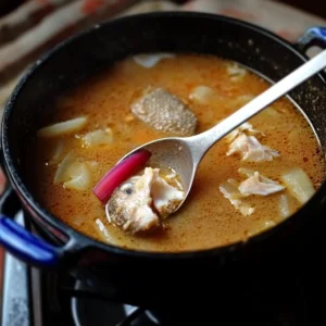 Adding tangy lime-pickled onions to the final Encebollado dish.