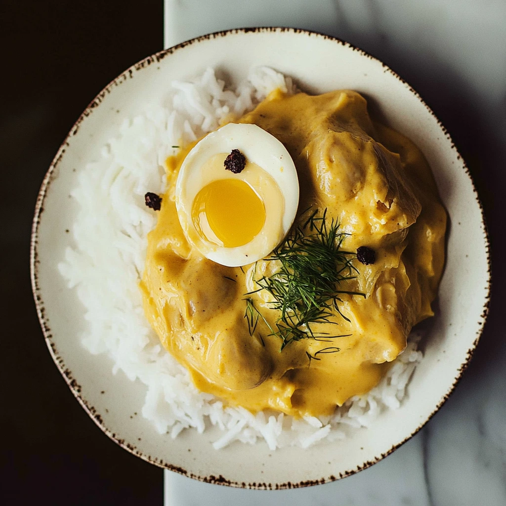 Aji de Gallina Peruvian chicken dish with creamy yellow sauce, served with rice and garnished with black olives and boiled eggs