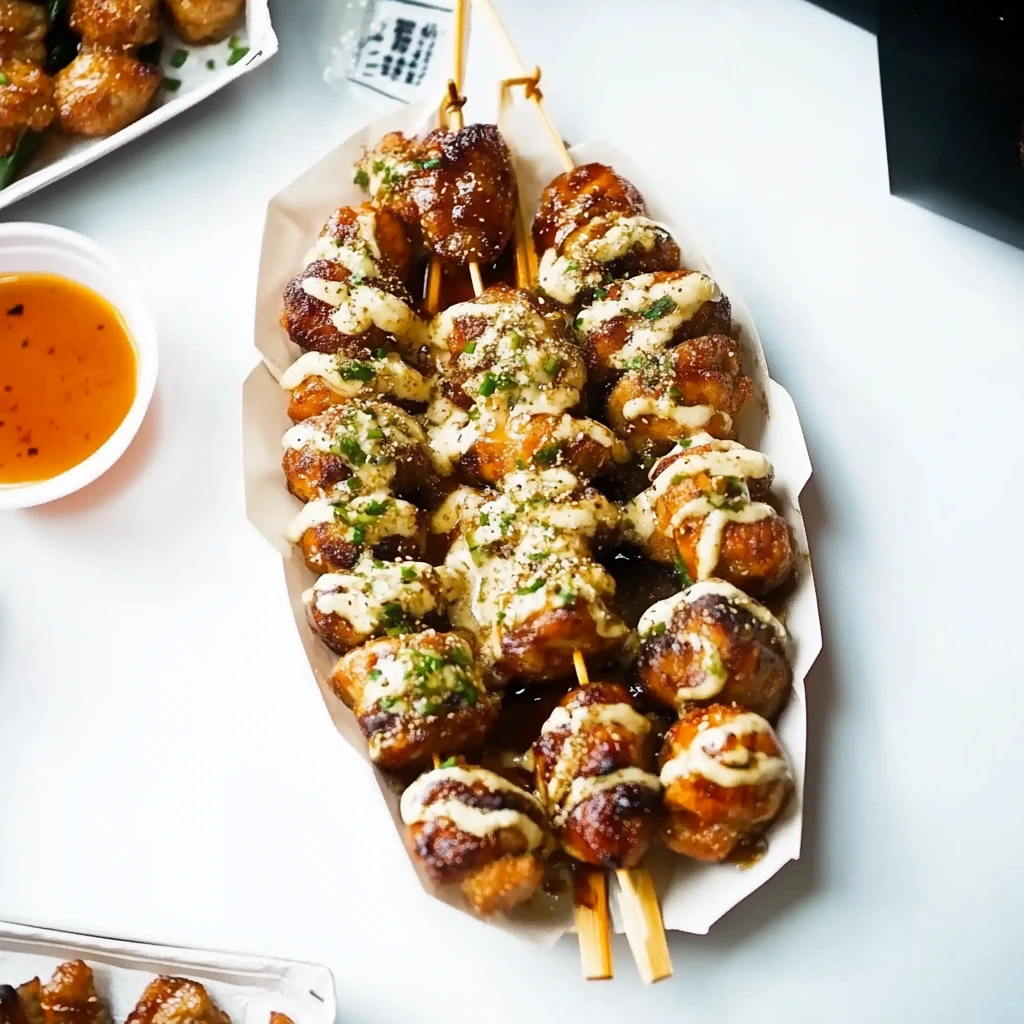 Authentic Asian street meat skewers sizzling on a grill, perfectly charred, and served with a flavorful dipping sauce