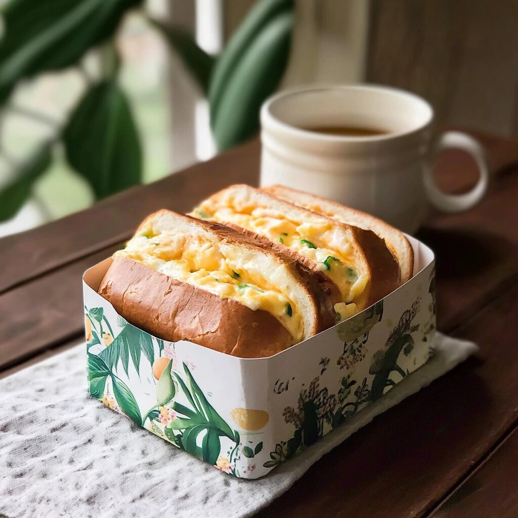 Close-up of a finished egg drop sandwich with toasted bread and creamy filling