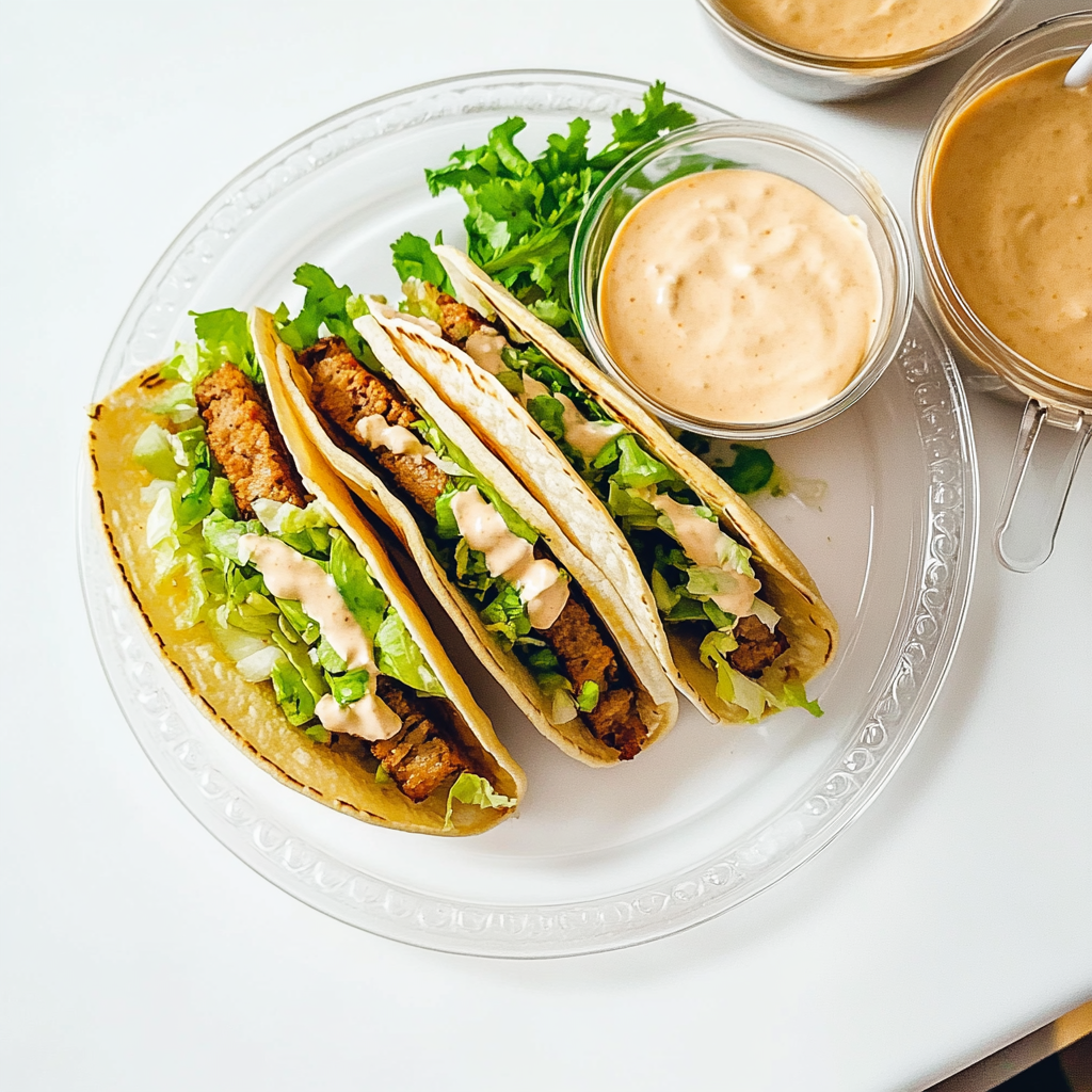 Final dish of Big Mac Tacos with ground beef, lettuce, cheese, and sauce, served on a soft taco shell.