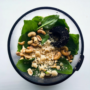 Fresh Thai basil leaves being blended with nuts for a homemade pesto recipe.