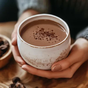 A steaming cup of rich cacao drink served in a ceramic mug.