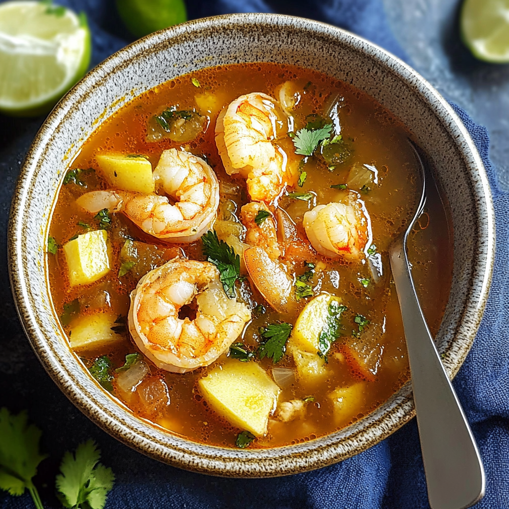 A bowl of Caldo de Camarón with fresh shrimp and vegetables, garnished with cilantro and served with lime wedges.