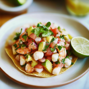 Ceviche de camaron served on crispy tostadas with fresh toppings