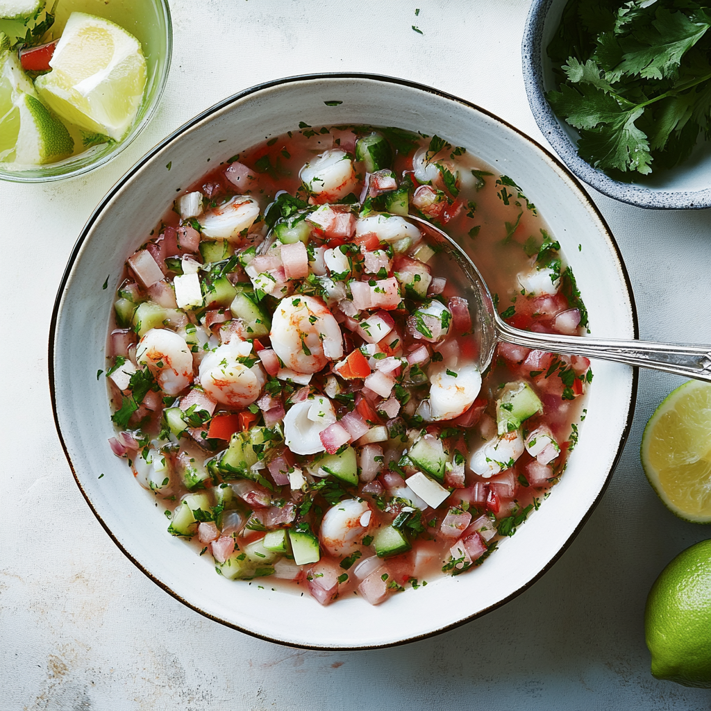 A vibrant bowl of ceviche de camaron with fresh shrimp, lime, and cilantro