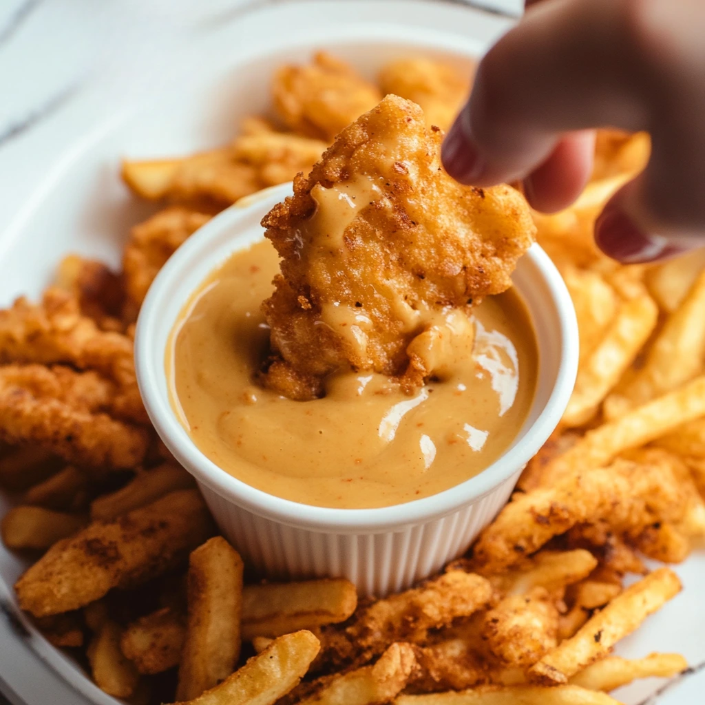 A close-up of Chick-fil-A sauce in a small bowl, with a spoon dipping into the sauce.