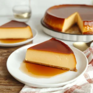 Traditional Venezuelan quesillo served with caramel syrup on a white plate