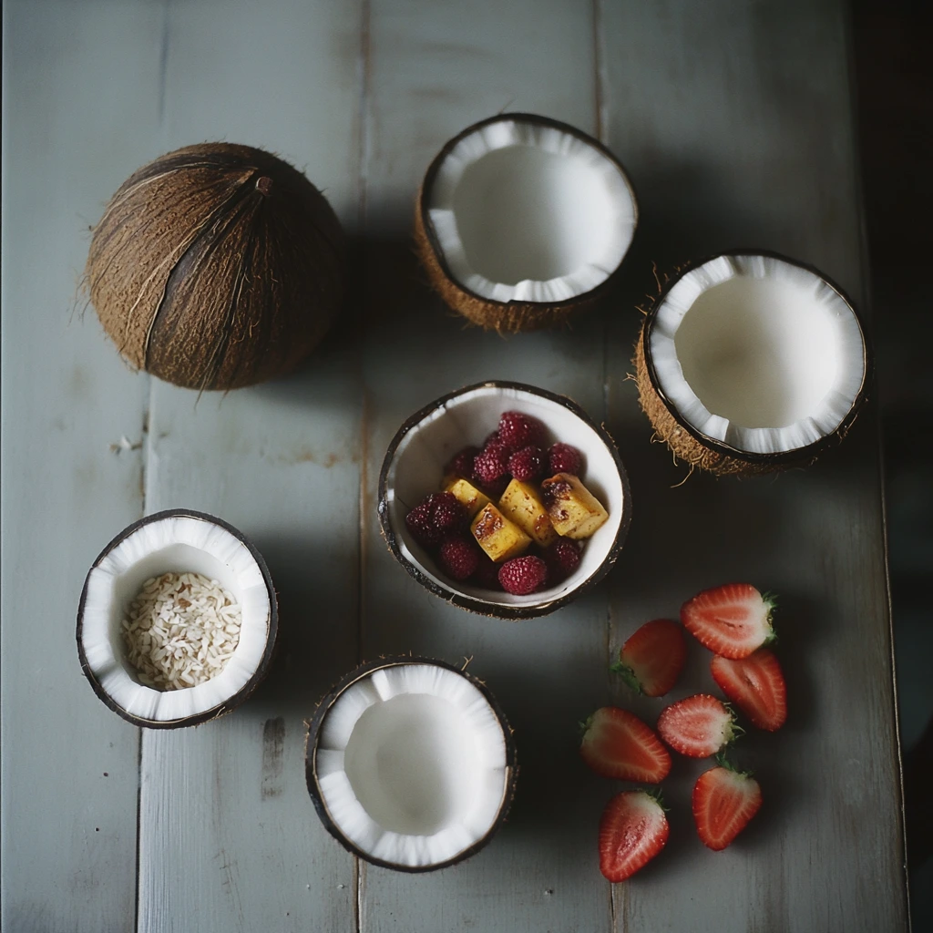 Assortment of ingredients like coconut, fruit, and toppings for a coconut bowl recipe.