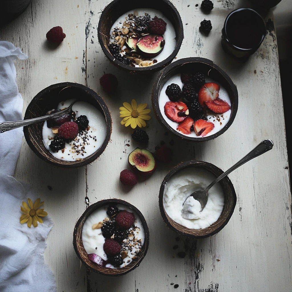 Top view of a coconut bowl filled with vibrant smoothie ingredients, showcasing sustainable kitchenware.