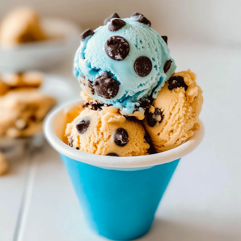 Close-up of Cookie Monster Ice Cream with chunks of Oreo and Chips Ahoy