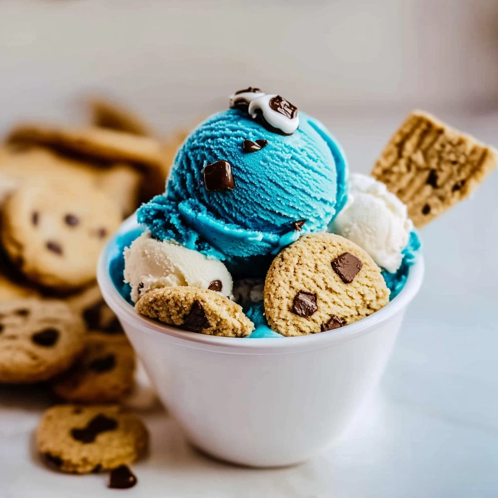 Cookie Monster Ice Cream in a bowl with Oreo and Chips Ahoy cookie pieces on top