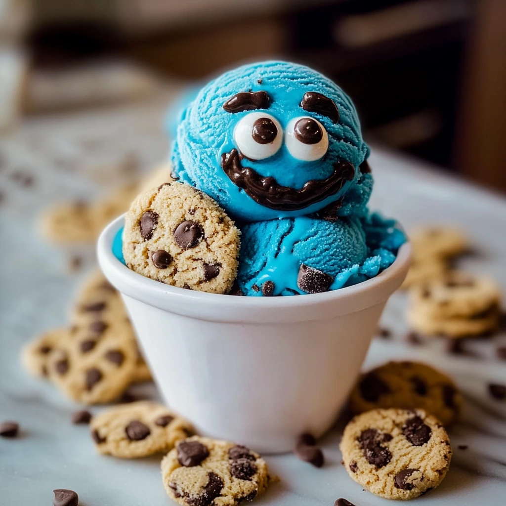 Scooping Cookie Monster Ice Cream with Oreo and Chips Ahoy pieces mixed in