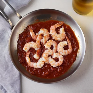 Shrimp sizzling in a pan while cooking for Camarones a la Diabla, with chili sauce and garlic.