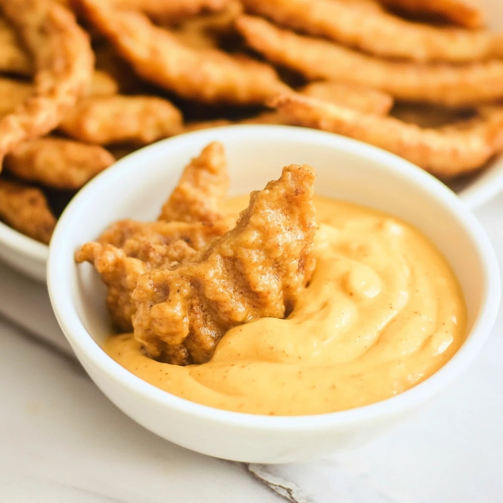 Homemade Chick-fil-A sauce in a small bowl with crispy chicken nuggets on the side.