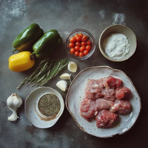 Ingredients for preparing costillas: raw ribs, garlic, onions, spices, and vegetables.