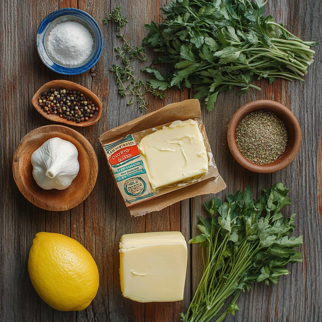 Fresh ingredients for Cowboy Butter, including garlic, herbs, lemon juice, Dijon mustard, and melted butter, laid out for a flavorful recipe.