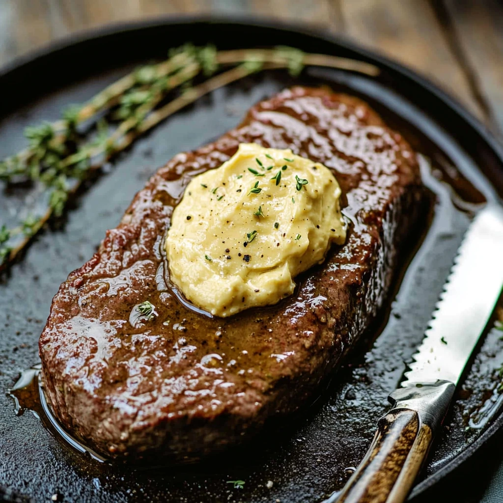 Homemade Cowboy Butter served in a rustic dish, rich in garlic, lemon, and herbs, perfect for grilling or as a sauce for meats like Cowboy Steak.