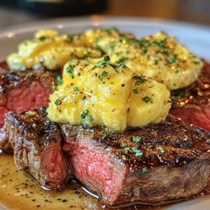 Cowboy steak topped with melting cowboy butter, ready to serve.