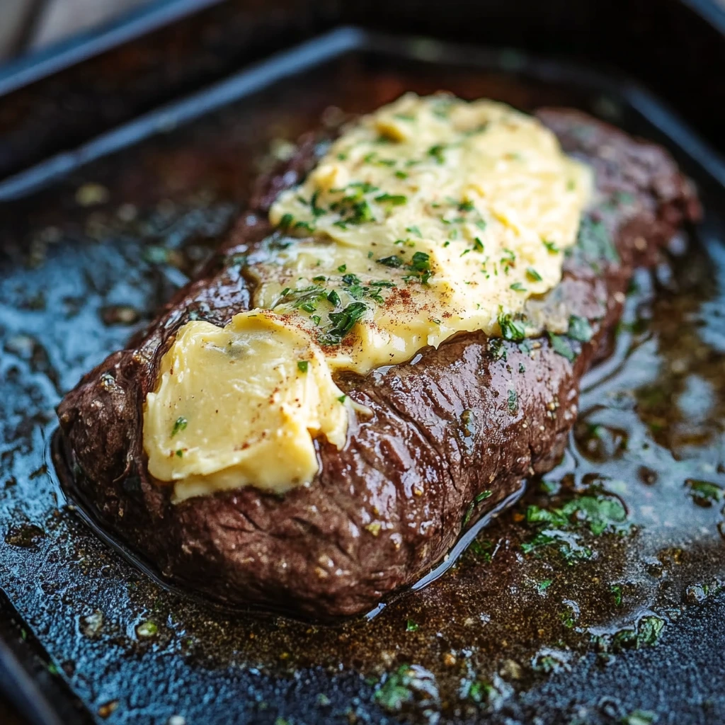 Grilled cowboy steak topped with a rich and flavorful Cowboy Butter made with garlic, herbs, and spices.