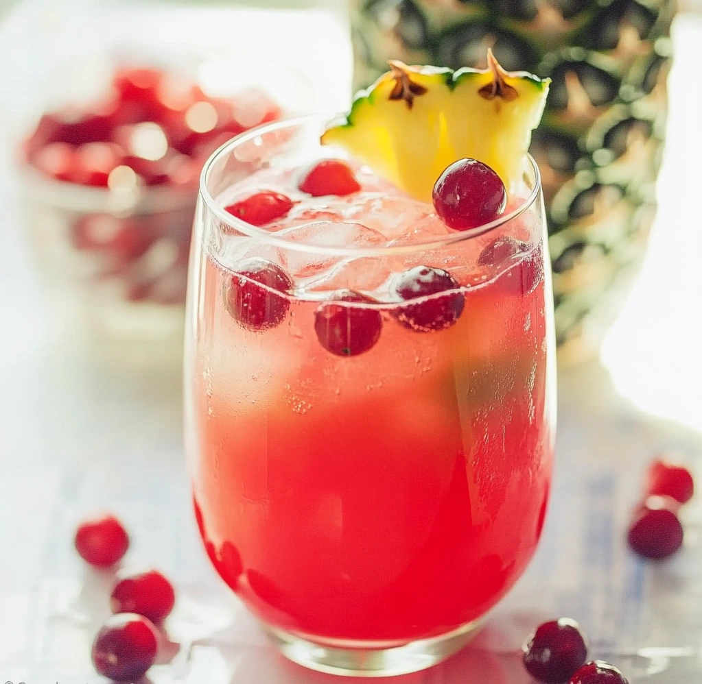 Refreshing Cranberry Pineapple Sprite mocktail in a glass, garnished with fresh cranberries and pineapple chunks, perfect for parties and gatherings.