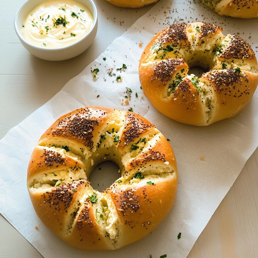 Golden and freshly baked cream cheese stuffed bagel with garlic butter