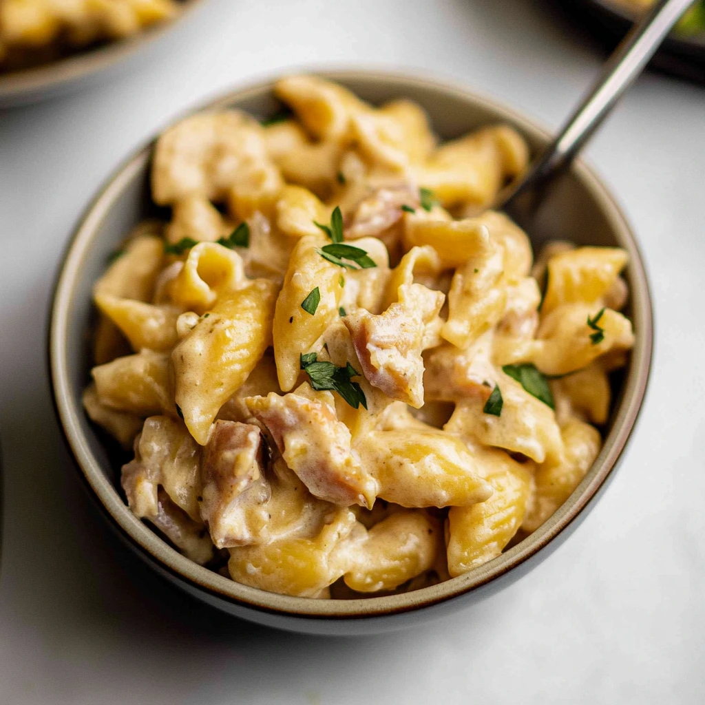 Creamy homemade Tuna Helper pasta in a bowl, garnished with fresh herbs