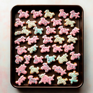 Decorating frosted animal crackers with pink and white frosting and sprinkles