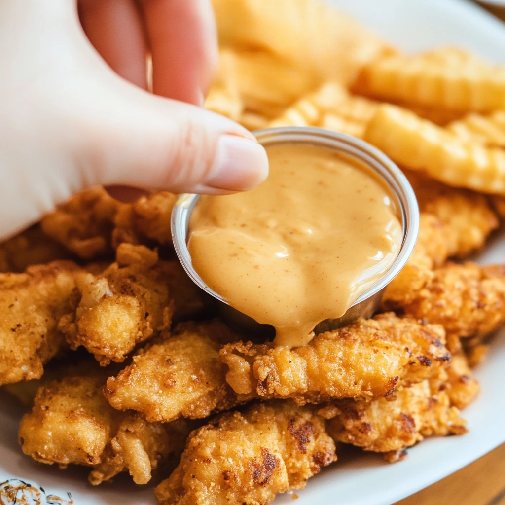 A hand dipping crispy fries into Chick-fil-A sauce.